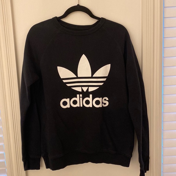 Adidas Black Trefoil Crew Sweater. White Logo On the Front. SIZE US- MEDIUM - Picture 2 of 4